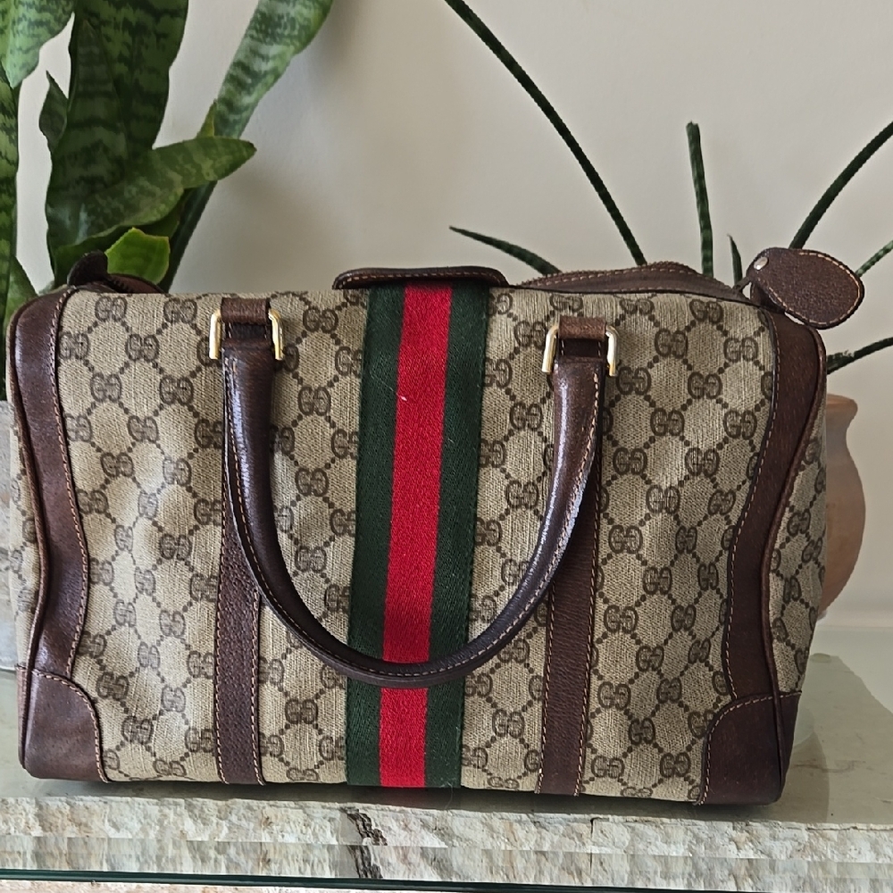 Gucci Brown and Red Satchel with Iconic GG Logo